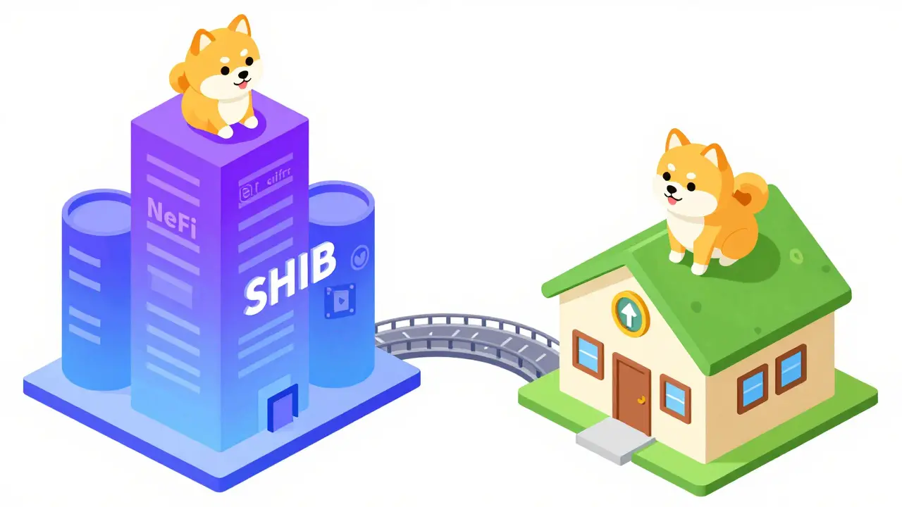 Сравнение технологий Shiba Inu и Dogecoin в виде зданий