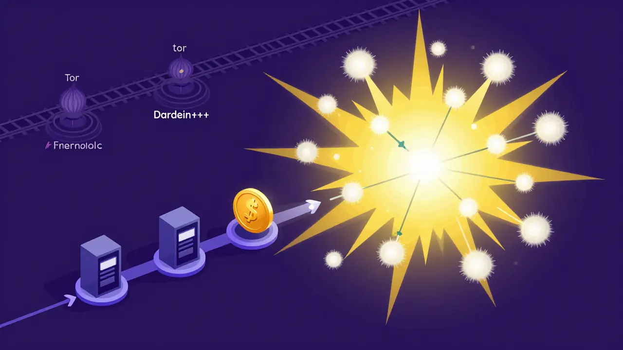 Визуализация протокола Dandelion++ для защиты приватности транзакций в изометрическом стиле