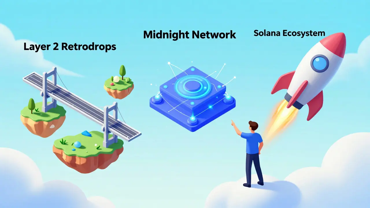 Изометрическая иллюстрация перспективных альтернатив: Layer 2, Midnight и Solana