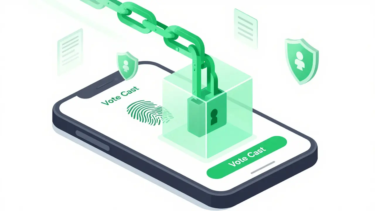 Изометрическая иллюстрация смартфона с биометрией, отправляющей зашифрованный голос в блокчейн