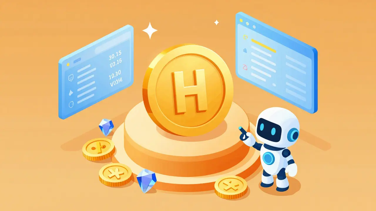 Изометрическая сцена с токеном HERA и элементами торговой площадки