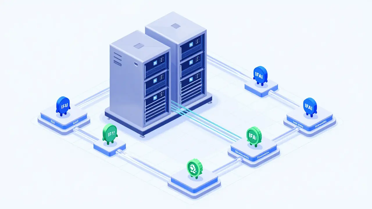 Изометрическая схема инфраструктуры блокчейна Base с токенами IFAI в пайплайнах