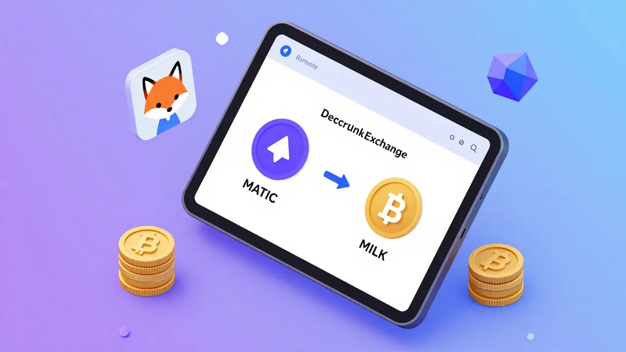 Изометрический вид интерфейса децентрализованной биржи для обмена MATIC на MILK с элементами экосистемы Web3 вокруг.