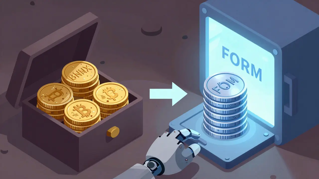 Обмен токенов BNX на FORM в изометрическом стиле