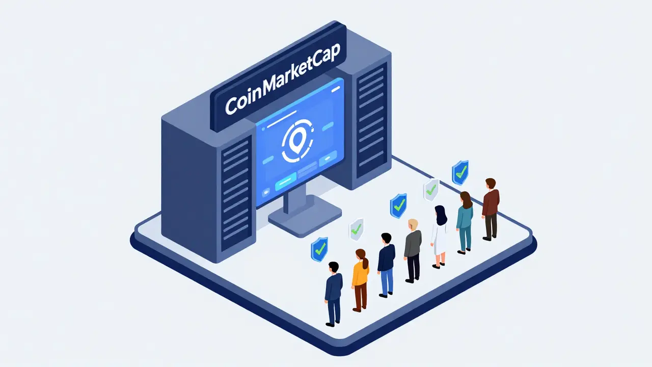 Изометрическая сцена с очередью участников перед платформой CoinMarketCap