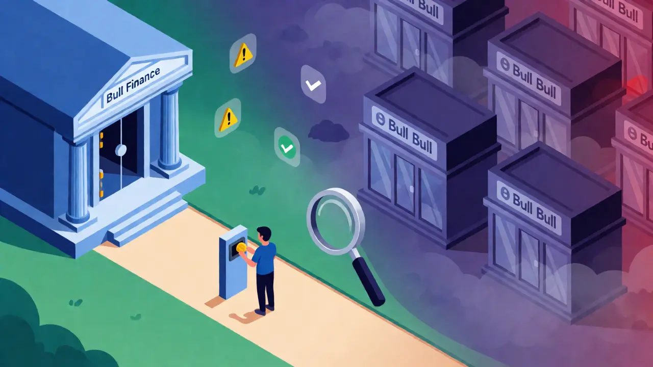 Иллюстрация сравнения безопасного пути Bull Finance и рисков фишинга с лупой проверки