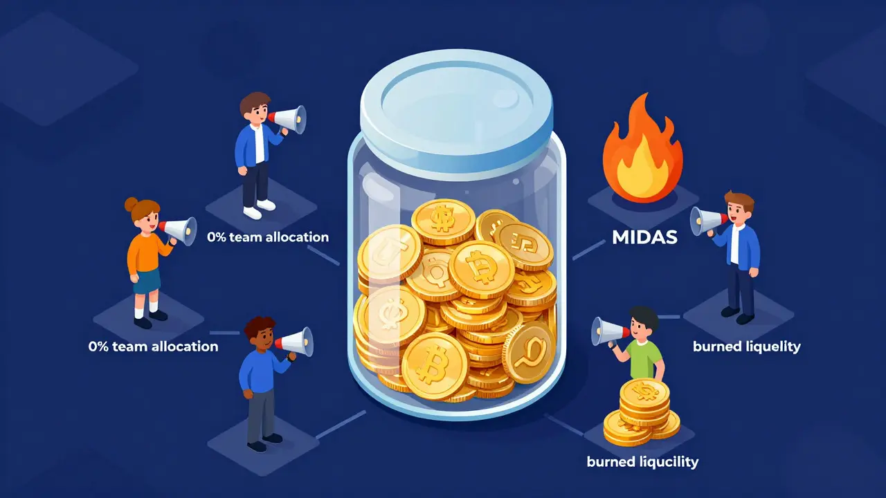 Изометрическая иллюстрация токеномики и справедливый запуск MIDAS