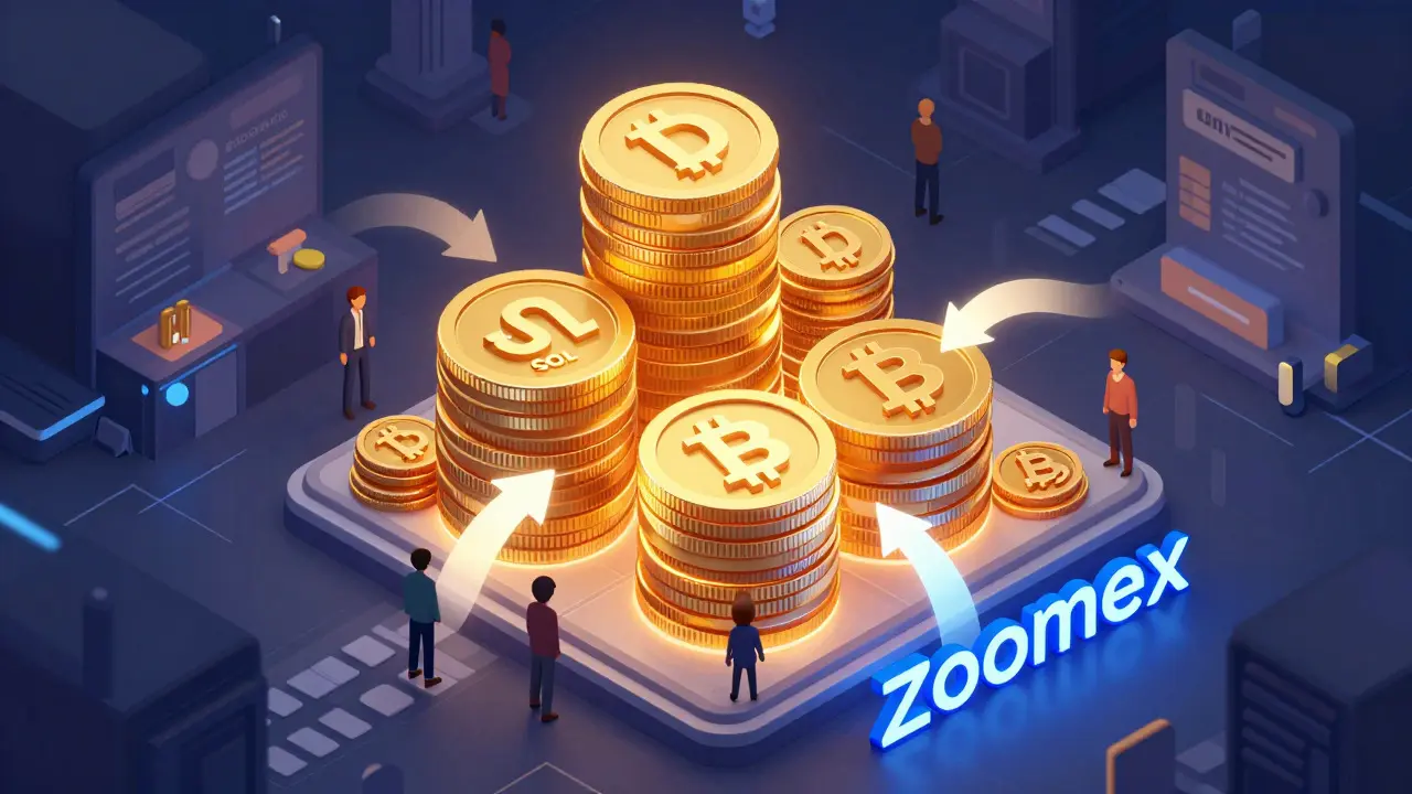 Изометрическая сцена глубокой ликвидности Bitcoin и Solana на бирже ZoomEx