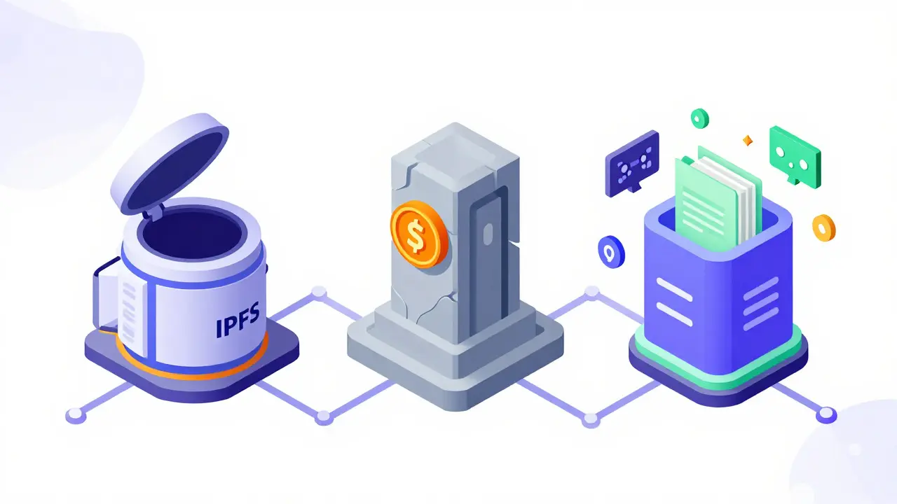 Три изометрических хранилища данных: IPFS, Arweave и Filecoin в мультяшном стиле