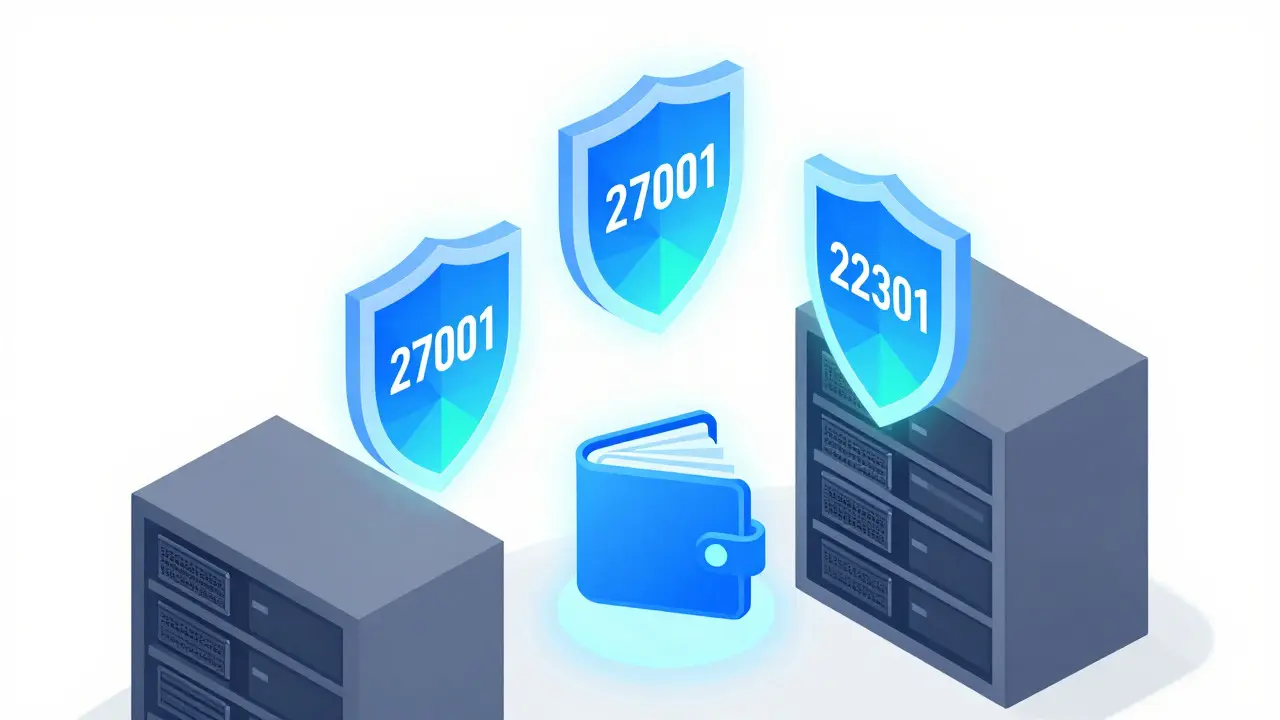 Три щита сертификации ISO над сервером холодного хранения криптовалюты
