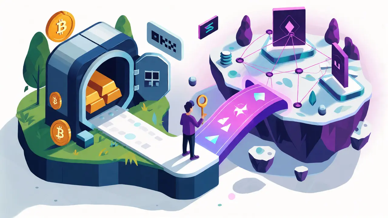Иллюстрация экосистемы кошелька OKX, соединяющей централизованные и децентрализованные активы