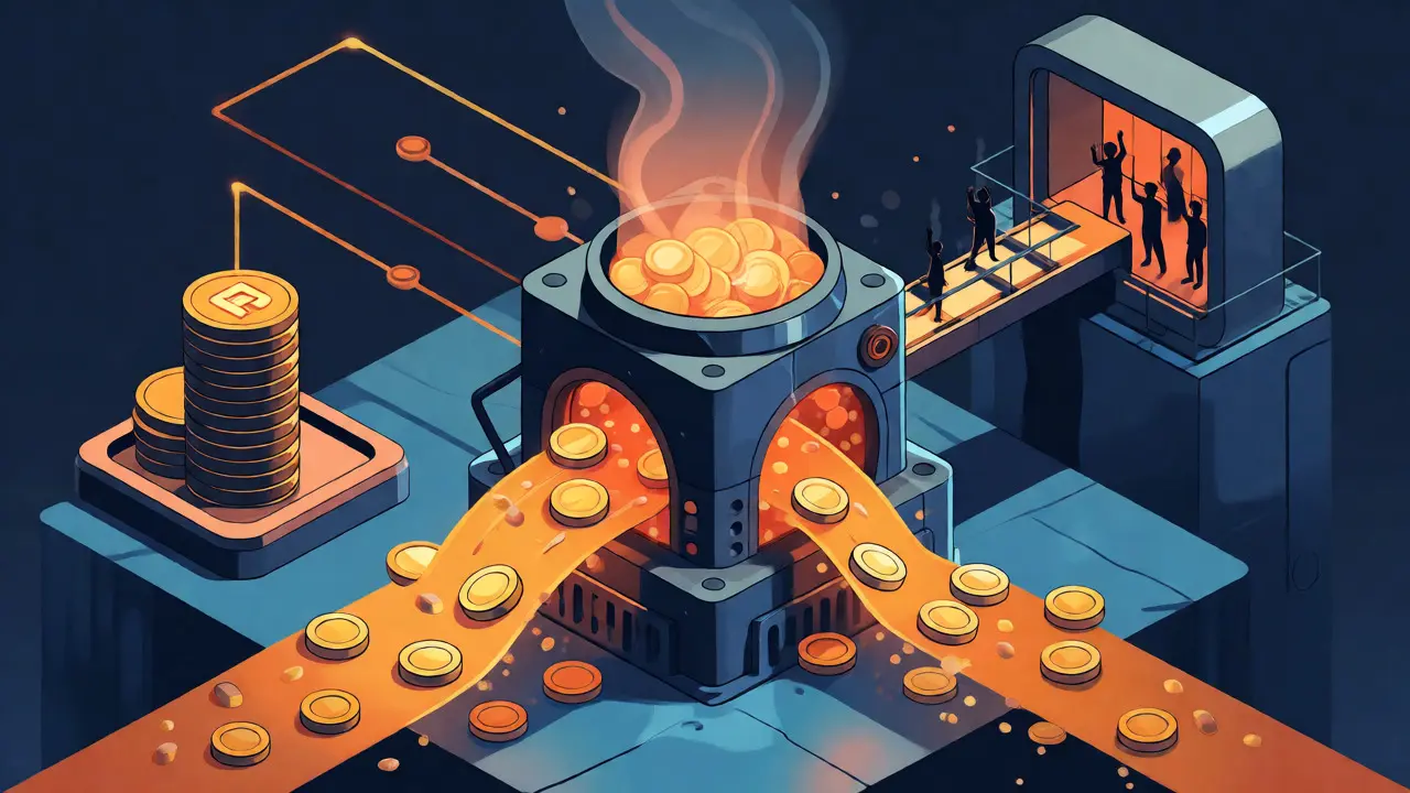 Иллюстрация механизма сжигания токенов и управления GMDAO в стиле изометрии
