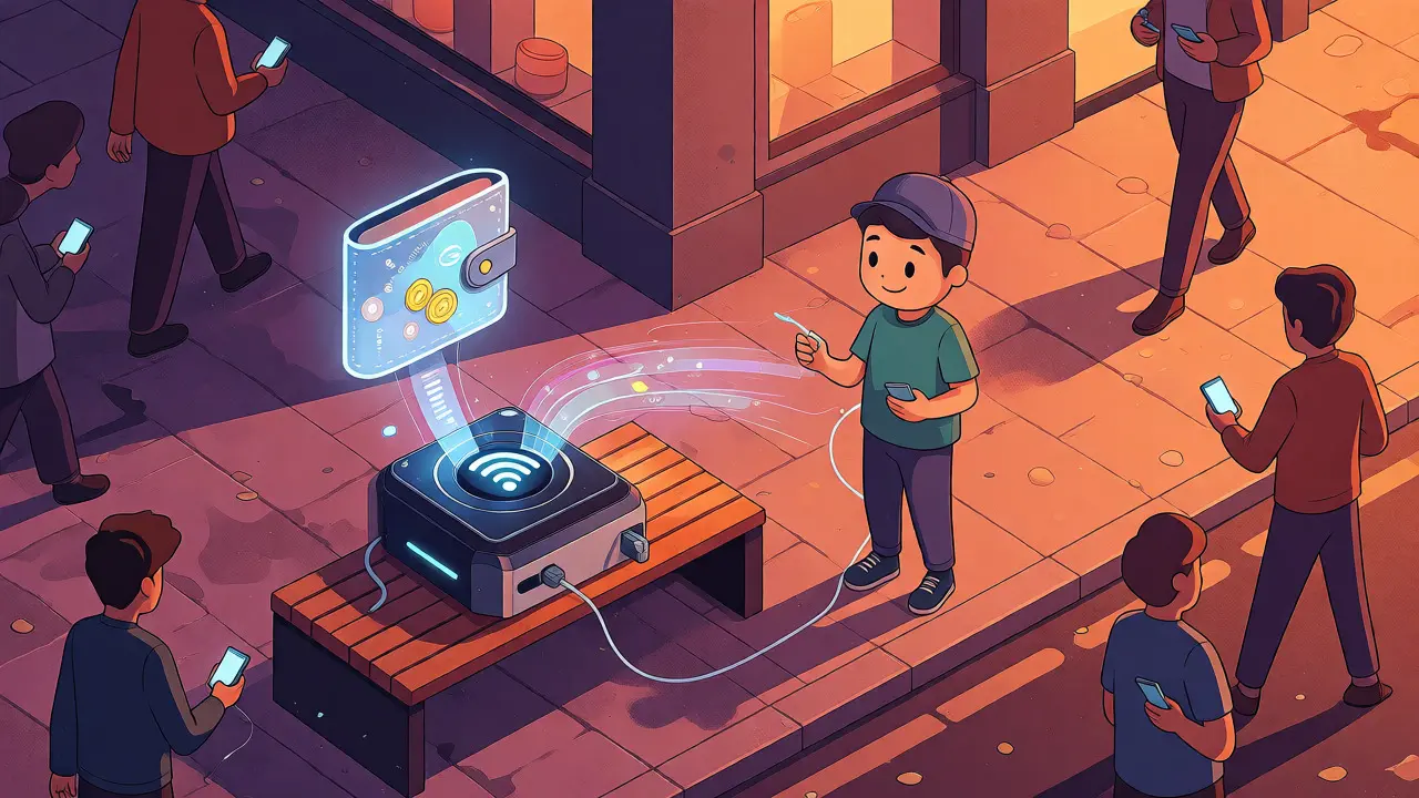 Изометрическая сцена заработка токенов через децентрализованный Wi-Fi