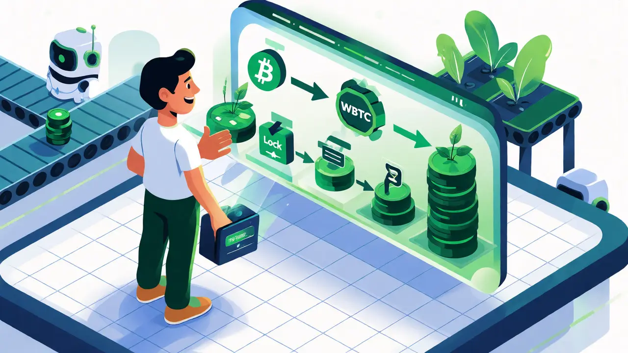 Пользователь на дашборде DeFi, превращающий BTC в доход через стейкинг и фарминг