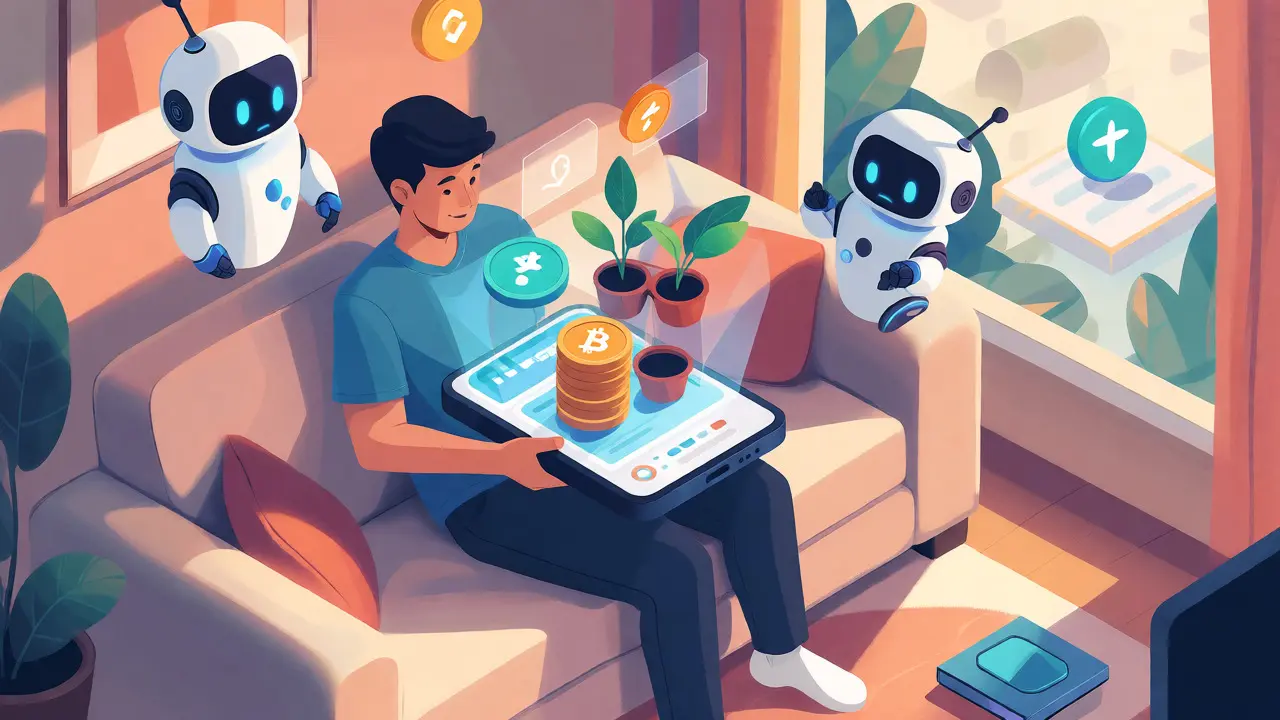 Пользователь со смартфоном и голографическим портфелем криптовалют в уютной комнате