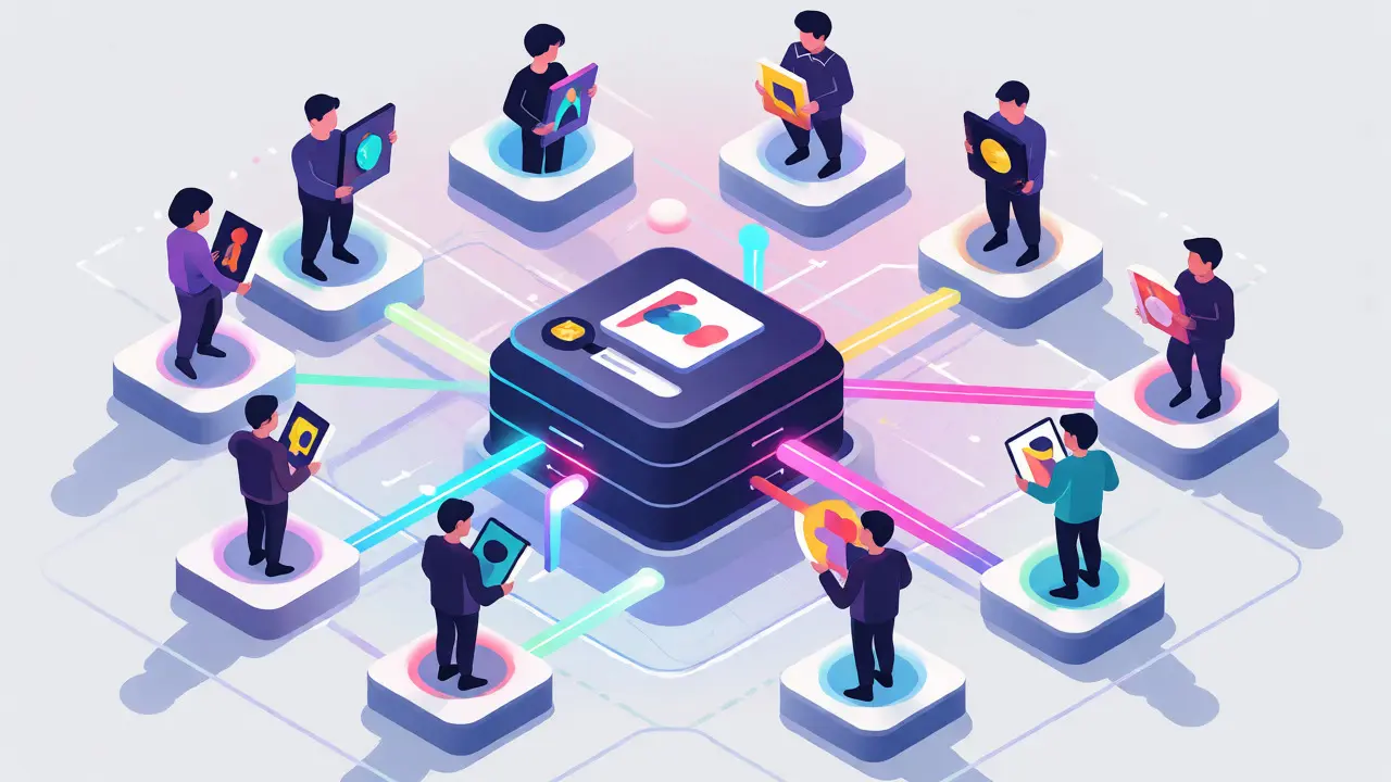 Схема механики аирдропа Proof of Participation в стиле изометрии